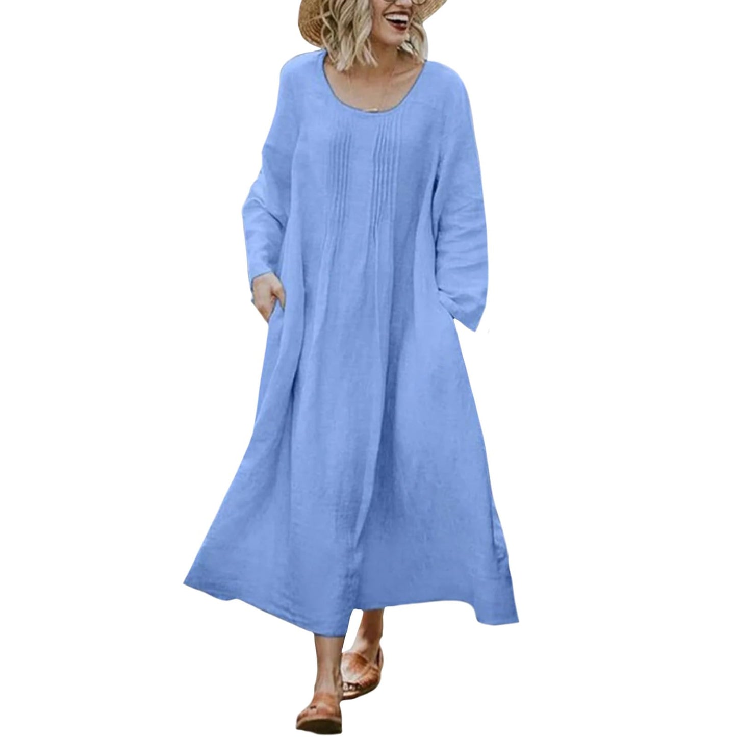 Bejirog Plus Size Linen Dresses for Women Long Sleeve Loose Crew Neck Oversized Casual Spring Fall Maxi Dress with Pockets
