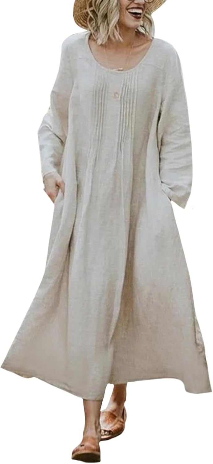 Bejirog Plus Size Linen Dresses for Women Long Sleeve Loose Crew Neck Oversized Casual Spring Fall Maxi Dress with Pockets