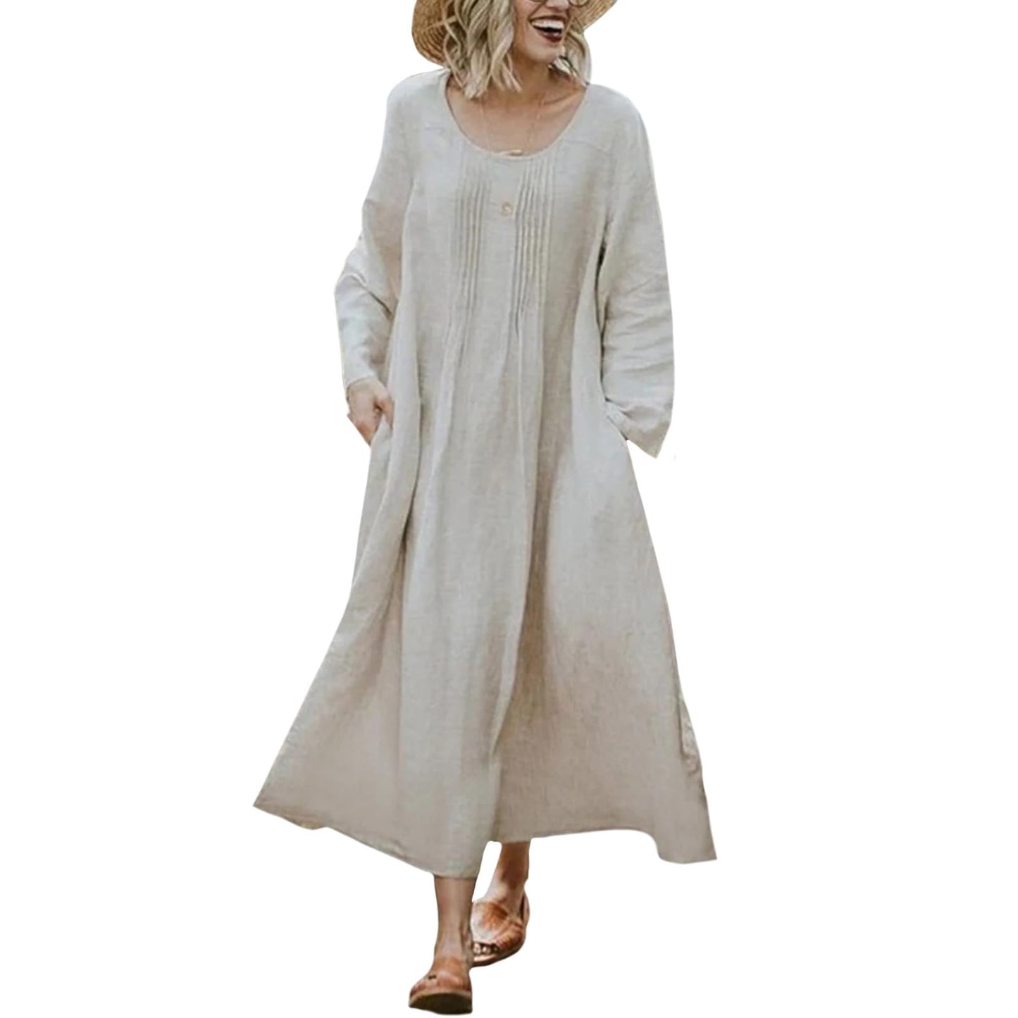 Bejirog Plus Size Linen Dresses for Women Long Sleeve Loose Crew Neck Oversized Casual Spring Fall Maxi Dress with Pockets