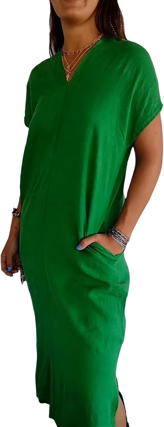 NAILONG Womens Short Sleeve V Neck Cotton Linen Dress, Casual Loose Long Maxi Summer Linen Dress for Women with Pockets