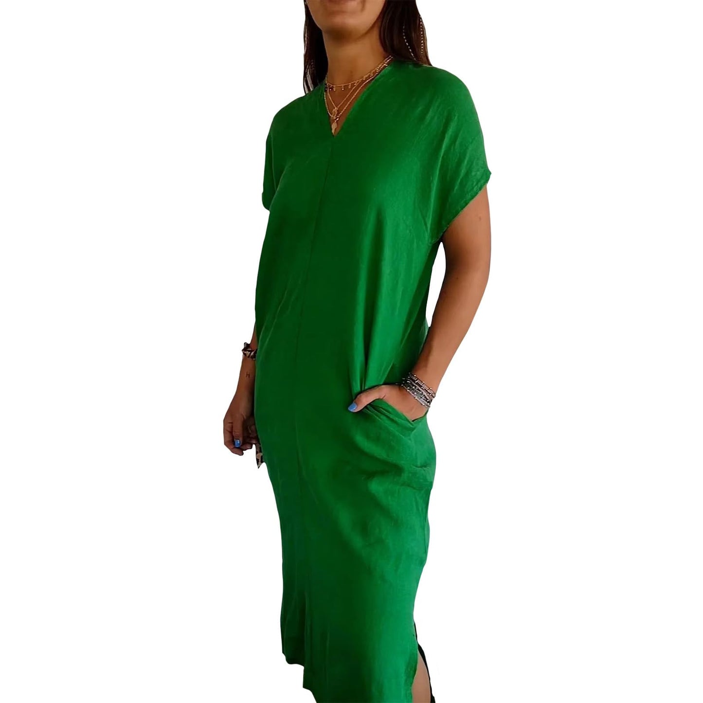 NAILONG Womens Short Sleeve V Neck Cotton Linen Dress, Casual Loose Long Maxi Summer Linen Dress for Women with Pockets