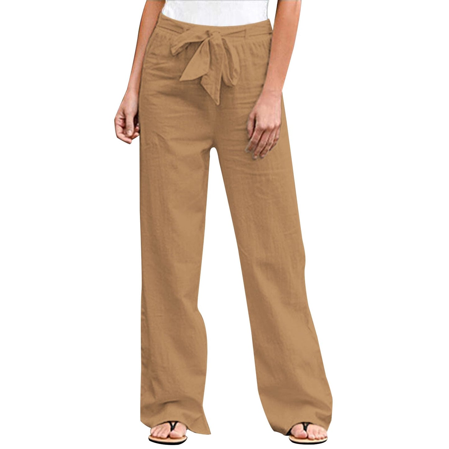 GYMBULL Womens Cotton Linen Summer Pants Tie High Waisted Casual Straight Leg Pants Dressy Palazzo Soft Trousers with Pockets