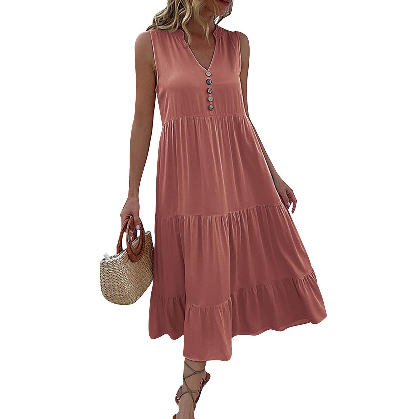 FONDBERYL Sleeveless Midi Dress for Women, V Neck Tank Dress with Tiered Ruffle Hem Flowy A Line Casual Spring Summer Dresses