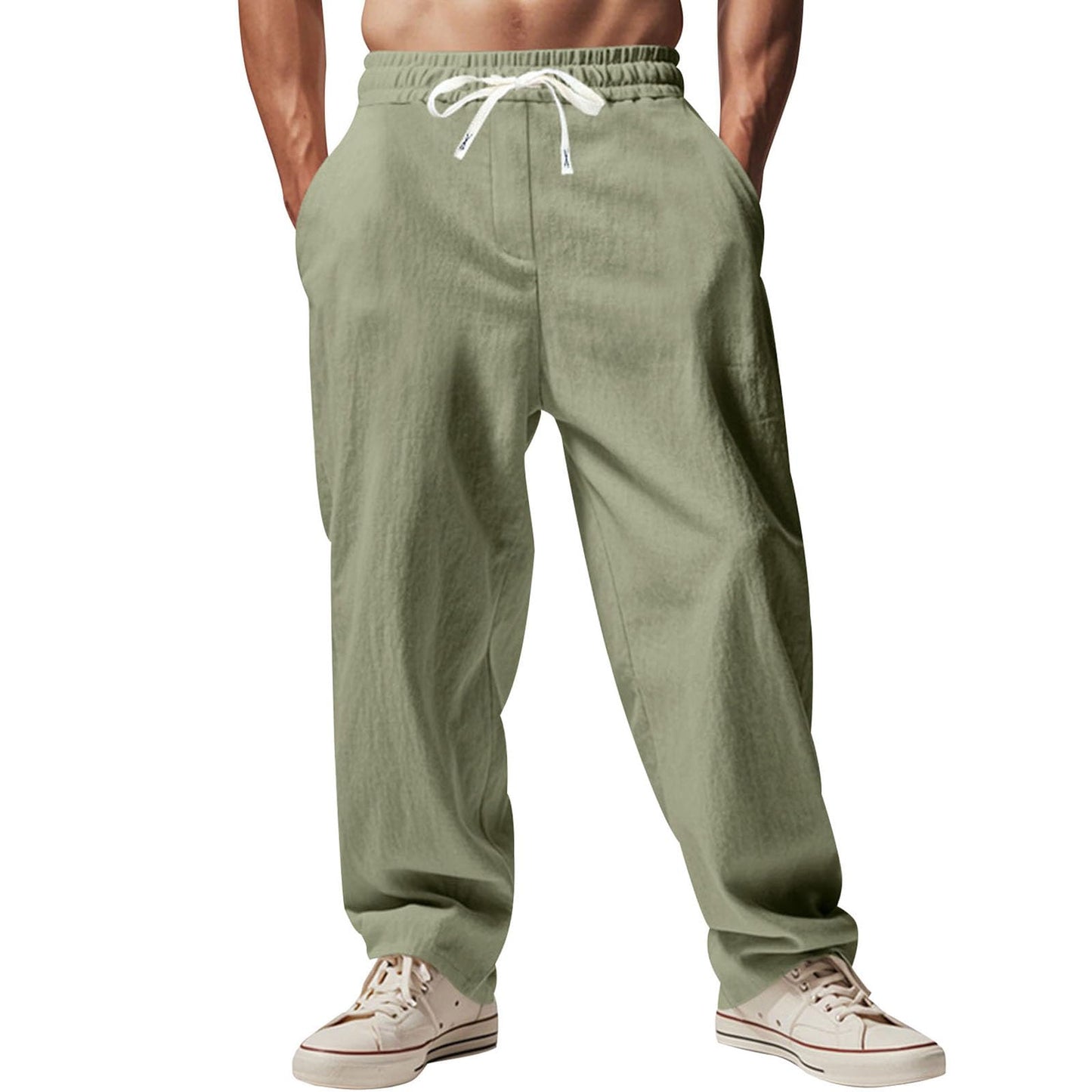 Alivebody Mens Linen Pants Straight-Legs Elastic Waist Casual Summer Beach Pants Drawstring Lightweight Trousers with Pockets