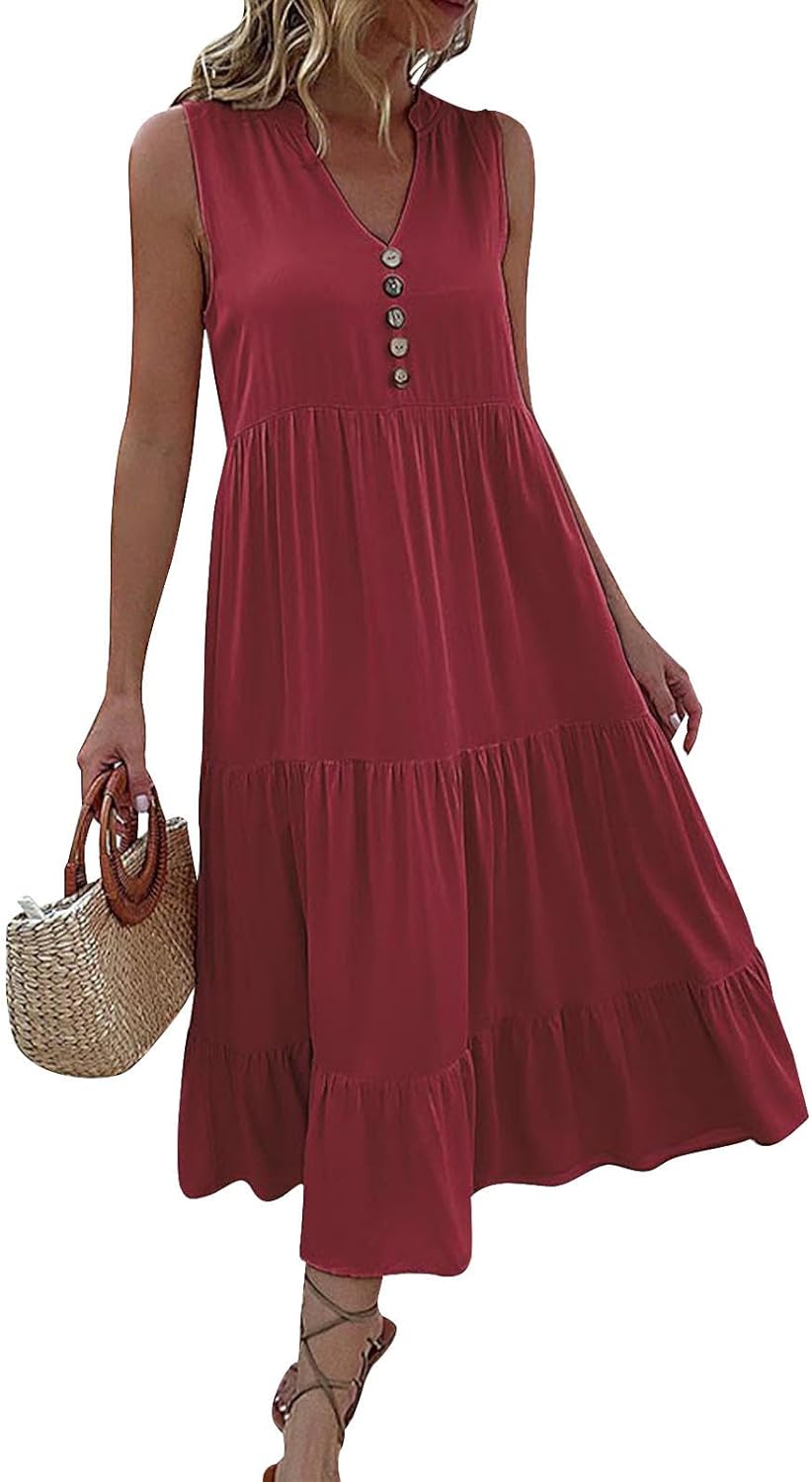 FONDBERYL Sleeveless Midi Dress for Women, V Neck Tank Dress with Tiered Ruffle Hem Flowy A Line Casual Spring Summer Dresses