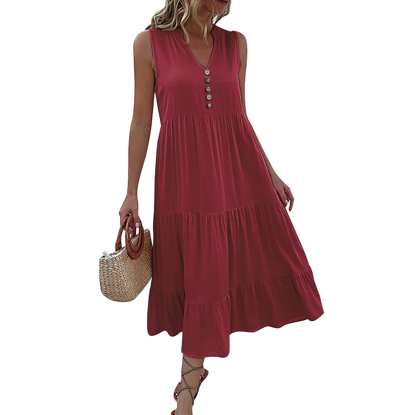 FONDBERYL Sleeveless Midi Dress for Women, V Neck Tank Dress with Tiered Ruffle Hem Flowy A Line Casual Spring Summer Dresses