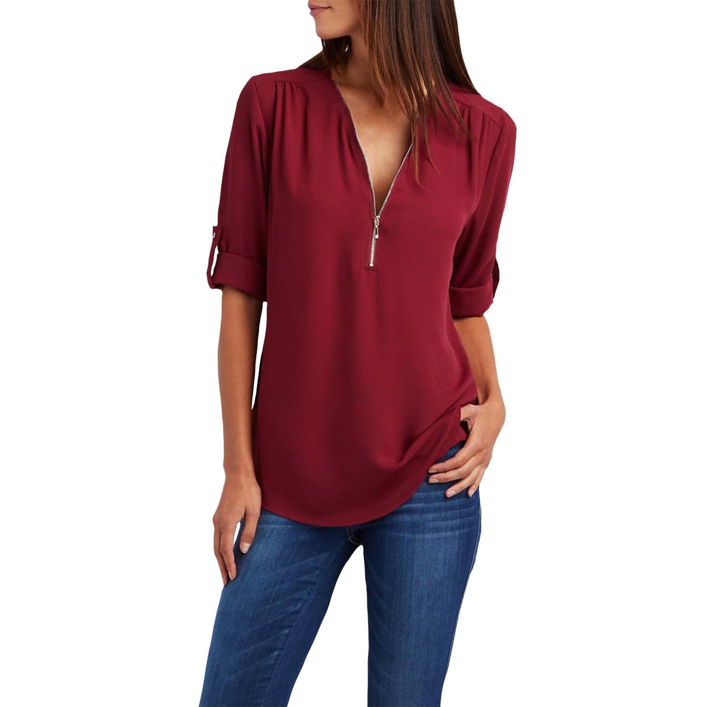 WAZZAP Women‘s Chiffon Tops, Zip Up V Neck Long Sleeve Shirt Roll Up Sleeve Loose Fit Tunic Tops Casual Trendy Chiffon Blouse