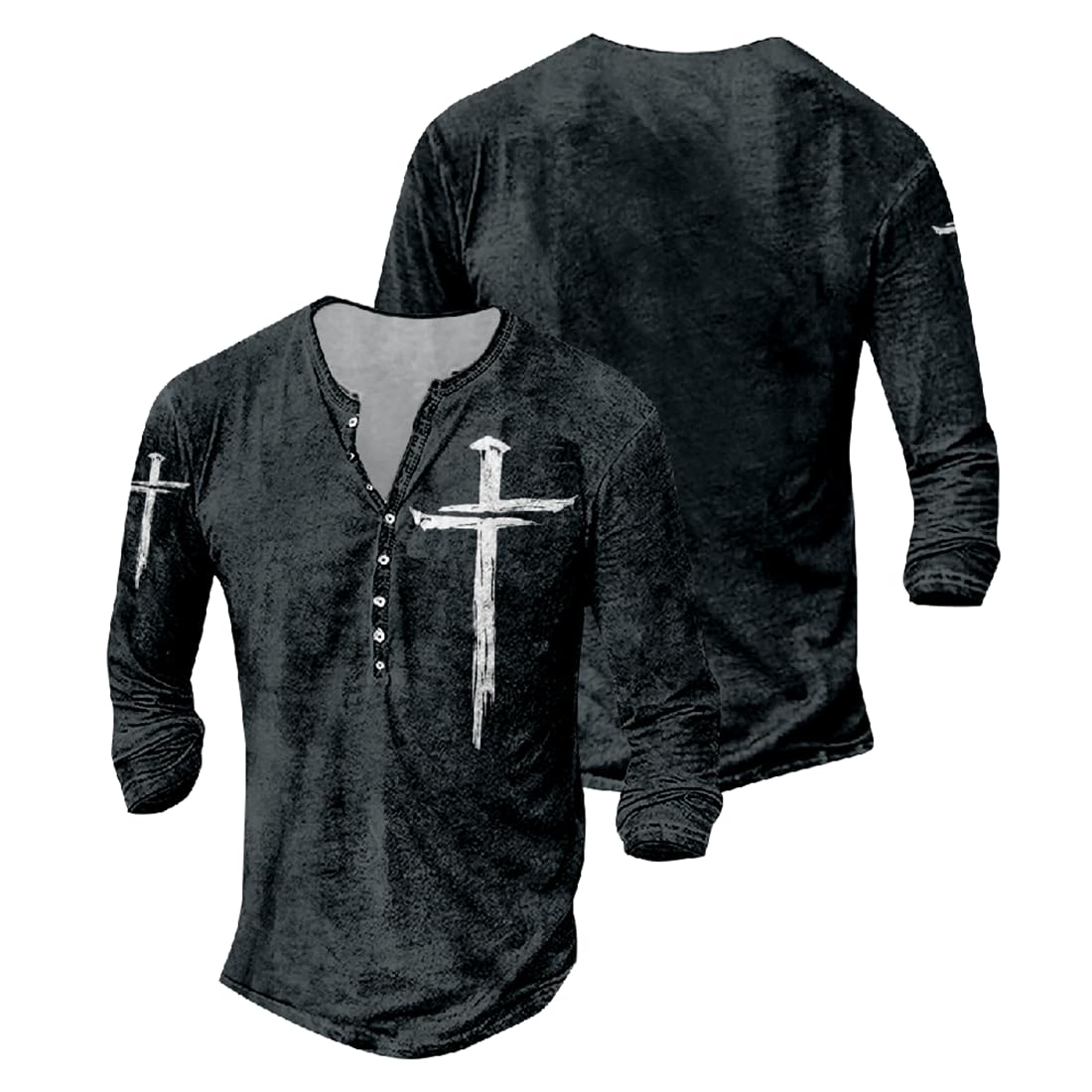 JiffPom Jesus Shirts for Men Distressed Henley Shirts Retro Cross Shirt Long Sleeve Shirt V Neck Button Down Washed T-Shirts