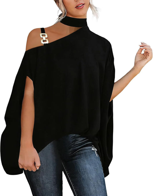 WAZZAP Women‘s One Shoulder Dolman Tops, Batwing Sleeve Off Shoulder Mock Neck Loose Dressy Blouse for Women Elegant Shirts