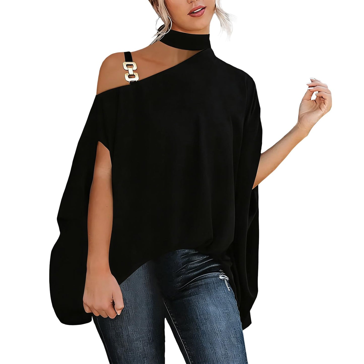 WAZZAP Women‘s One Shoulder Dolman Tops, Batwing Sleeve Off Shoulder Mock Neck Loose Dressy Blouse for Women Elegant Shirts