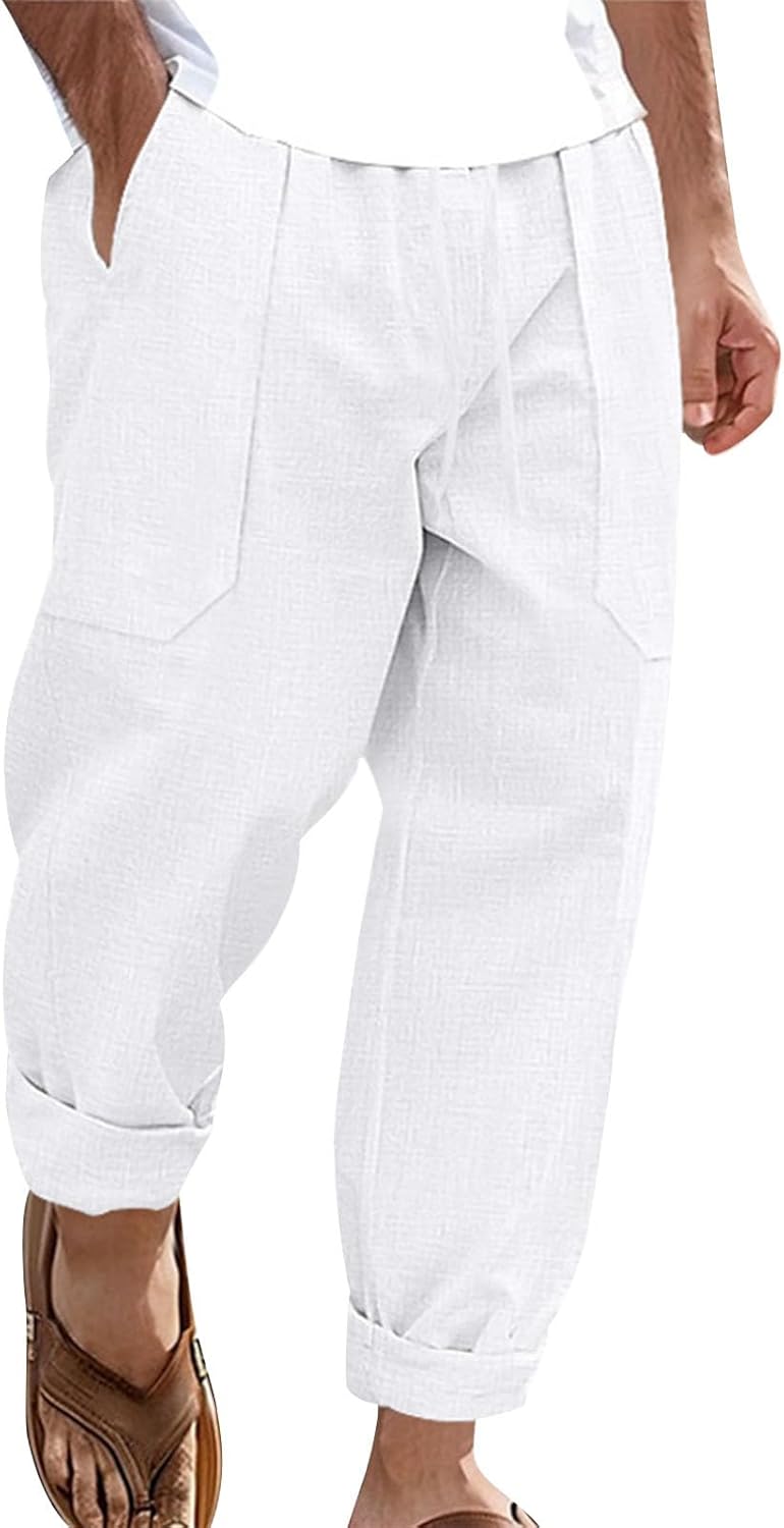 gukoo Linen Pants Men Summer Lightweight Casual Relaxed Fit Elastic Waist Yoga Travel Vacation Beach Pants with Pockets