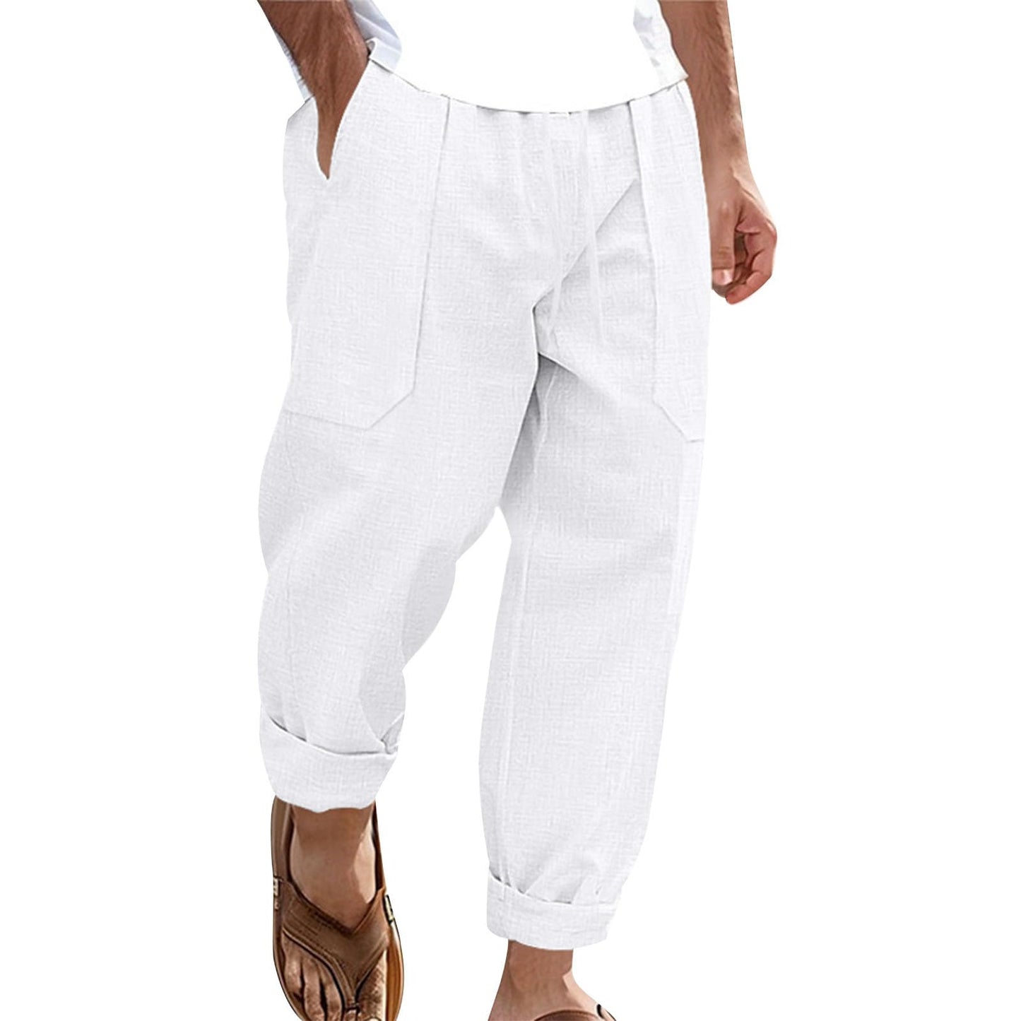 gukoo Linen Pants Men Summer Lightweight Casual Relaxed Fit Elastic Waist Yoga Travel Vacation Beach Pants with Pockets