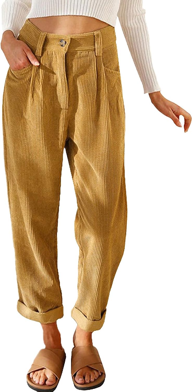 Reigee Womens Premium Corduroy Pants High Waist Wide Leg Trousers with Pockets Button Closure Elastic Waistband Casual Straight