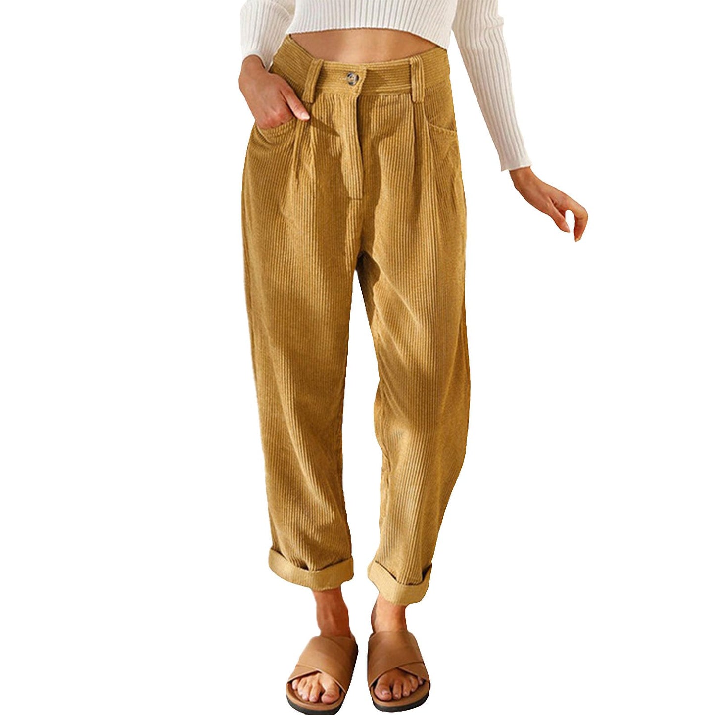 Reigee Womens Premium Corduroy Pants High Waist Wide Leg Trousers with Pockets Button Closure Elastic Waistband Casual Straight