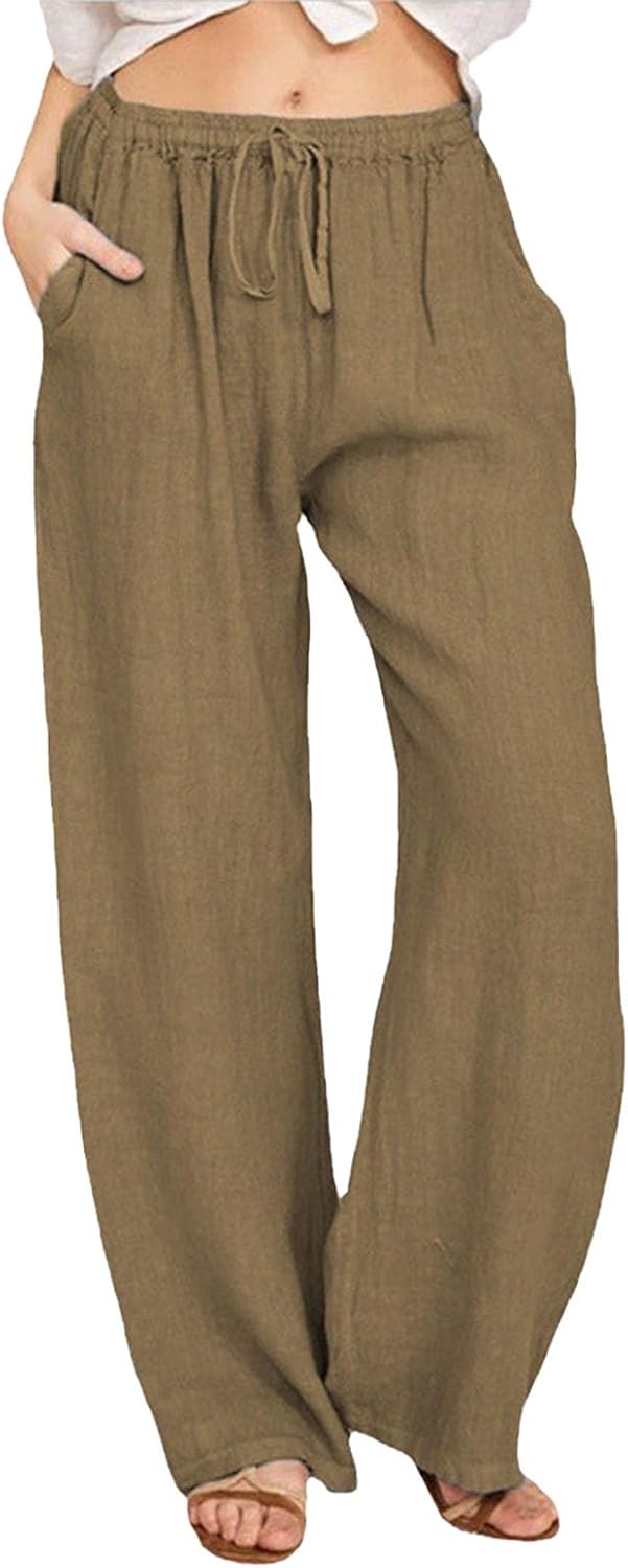 WAZZAP Women Pure Linen Wide Leg Pants High Waisted Drawstring Loose Trousers with Pockets for Summer