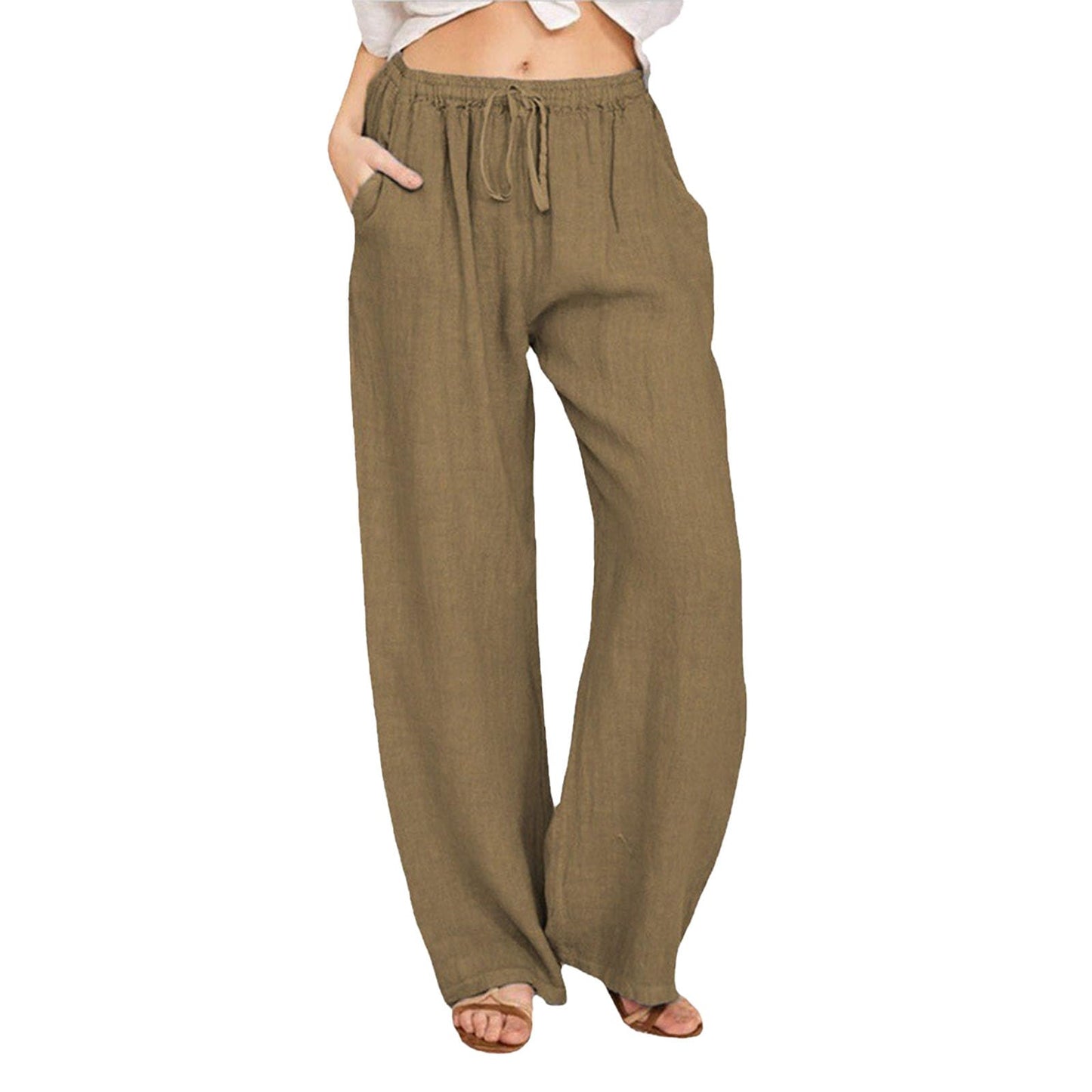 WAZZAP Women Pure Linen Wide Leg Pants High Waisted Drawstring Loose Trousers with Pockets for Summer