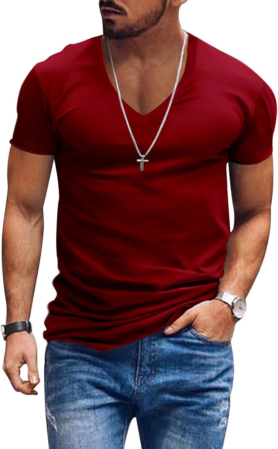 Alivebody Mens T Shirts Solid Color Deep V Neck Basic Muscle Fit Tee Muscle Slim Fit Low Cut Stretch Soft Lightweight Tshirt