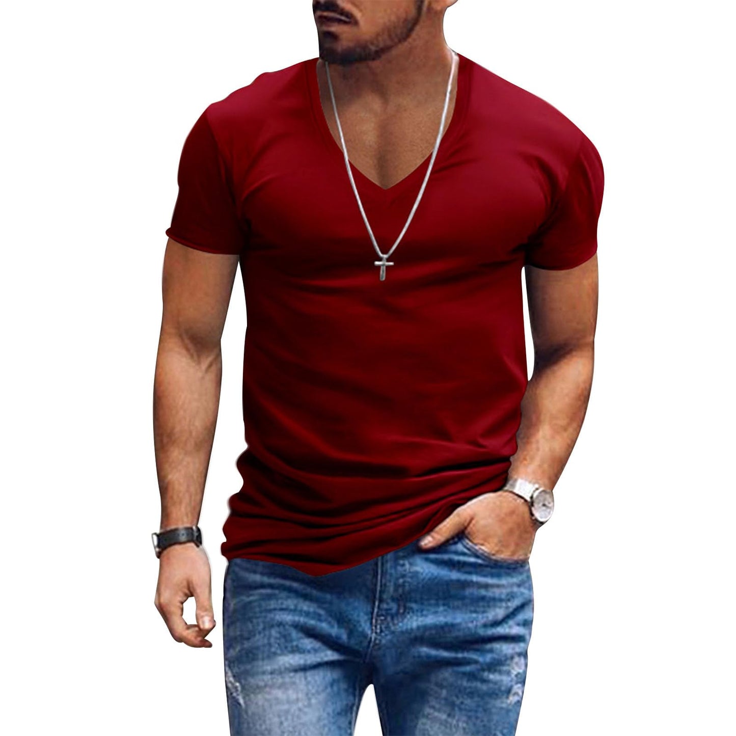 Alivebody Mens T Shirts Solid Color Deep V Neck Basic Muscle Fit Tee Muscle Slim Fit Low Cut Stretch Soft Lightweight Tshirt