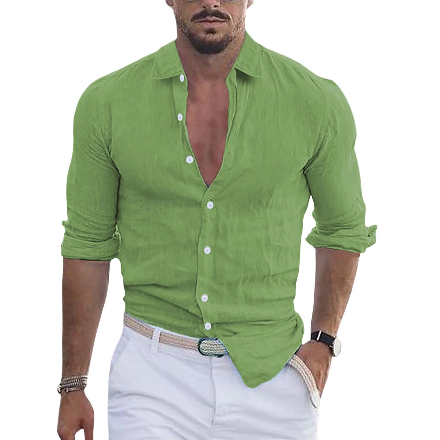 GYMTSL Mens Button Down Shirt Casual Summer Long Sleeve Business Dressy Blouse Solid Collar High Elastic Tops