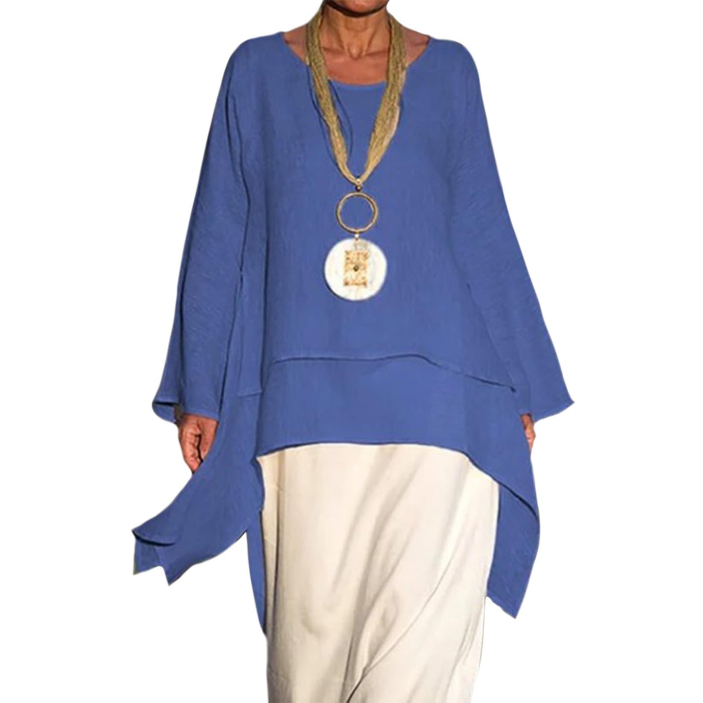 Befox Asymmetrical Hem Tops for Women Linen Blouse Long Sleeve Crew Neck Flowy Tunic Shirt Irregular Hem Plus Size Tops