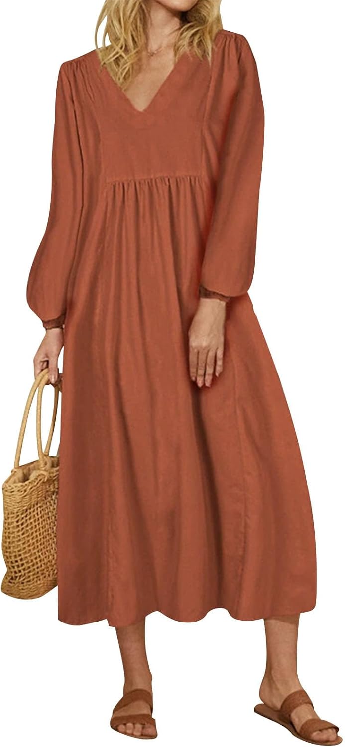 Alivebody Women's Cotton Linen V Neck Midi Dress with Lantern Sleeve, Loose A Line High Waisted Casual Spring Summer Dresses