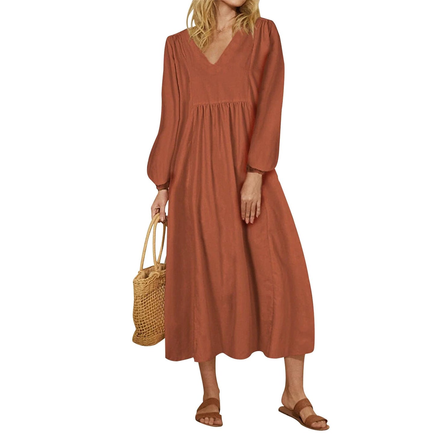 Alivebody Women's Cotton Linen V Neck Midi Dress with Lantern Sleeve, Loose A Line High Waisted Casual Spring Summer Dresses