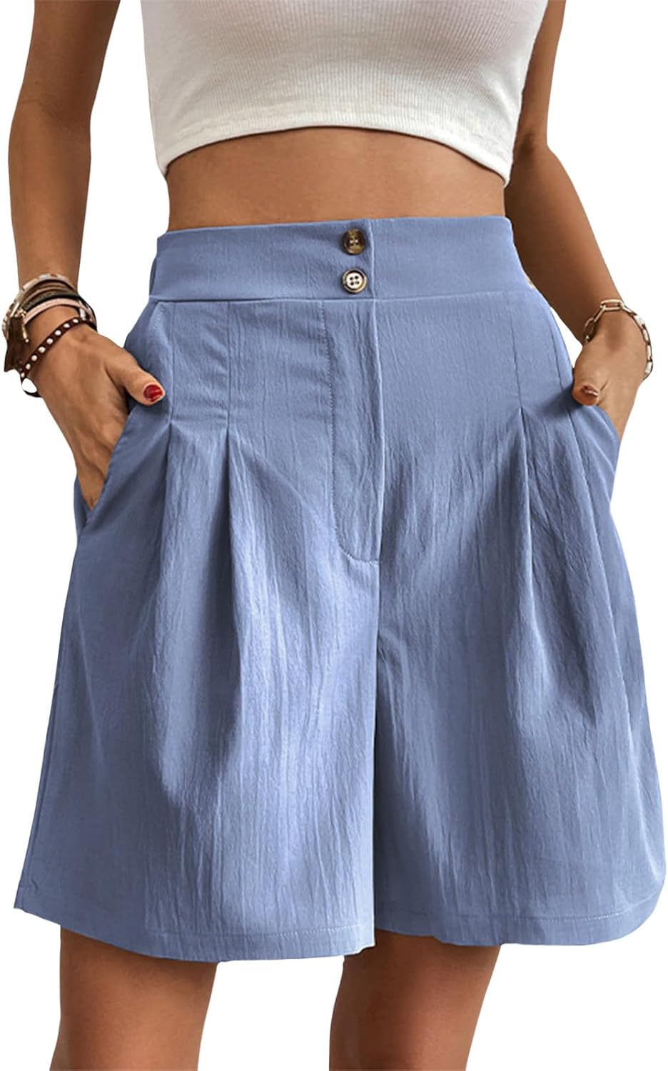 GYMTSL Bermuda Shorts for Women Summer Knee Length Wide Leg High Elastic Waisted Casual Loose Fit Cargo Shorts with Pockets