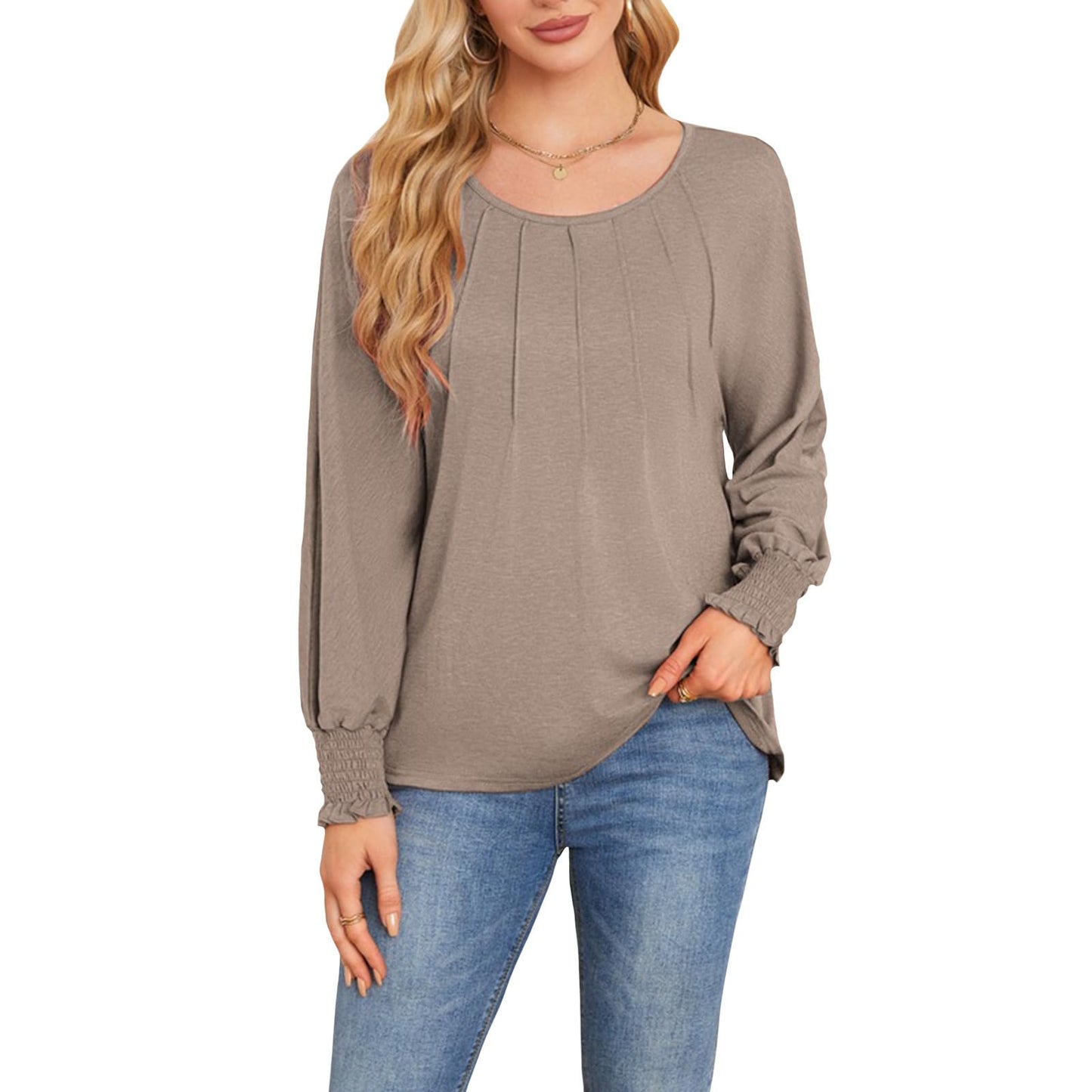 Befox Women's Pleated Tops, Crewneck Long Sleeve Blouse Tunic T-Shirt 2026 Spring Fall Trendy Casual Loose Pleated Shirts