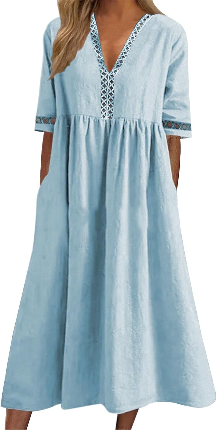 FONDBERYL Women's Cotton V Neck Long Flowy Loose Dress, Short Sleeve Plus Size Elegant Casual Wedding Guest Sun Dress 2026