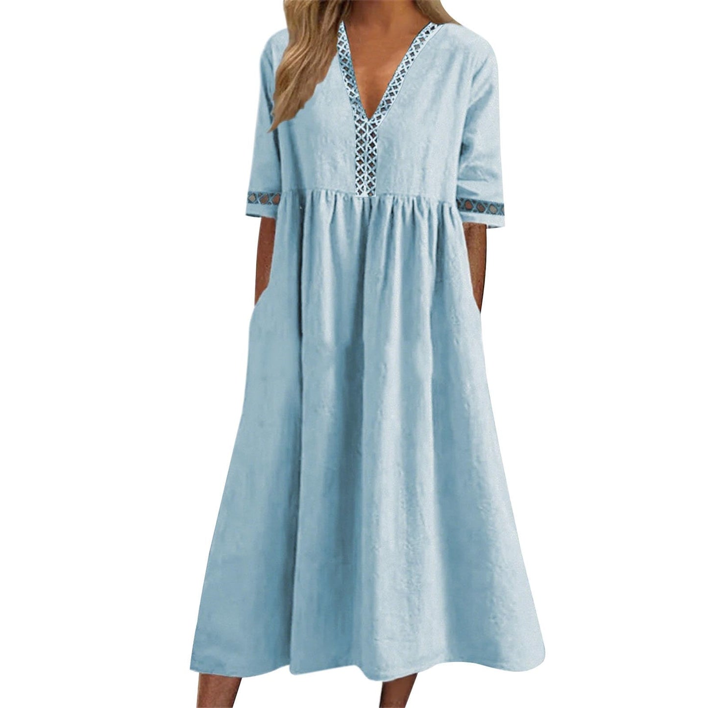FONDBERYL Women's Cotton V Neck Long Flowy Loose Dress, Short Sleeve Plus Size Elegant Casual Wedding Guest Sun Dress 2026