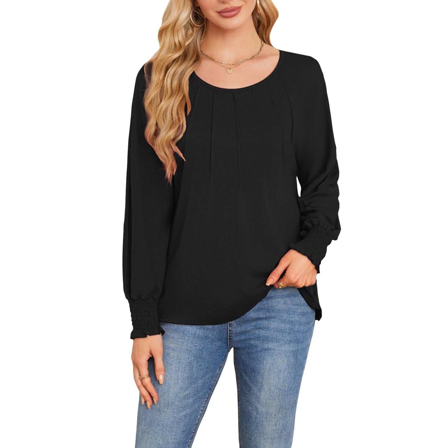 Befox Women's Pleated Tops, Crewneck Long Sleeve Blouse Tunic T-Shirt 2026 Spring Fall Trendy Casual Loose Pleated Shirts