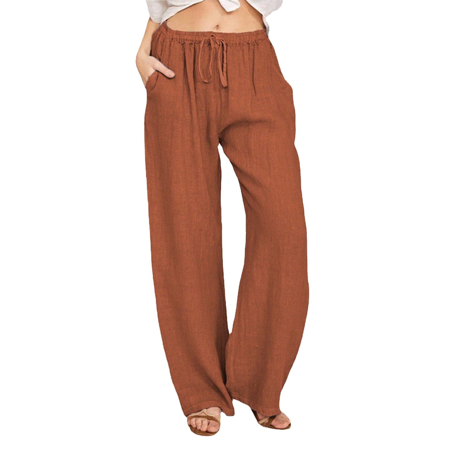 WAZZAP Women Pure Linen Wide Leg Pants High Waisted Drawstring Loose Trousers with Pockets for Summer
