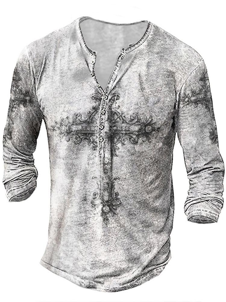 JiffPom Mens Henley Shirts Christian Shirt Jesus Cross Retro Long Sleeve Casual Button Down Washed T-Shirts Boy's Tops