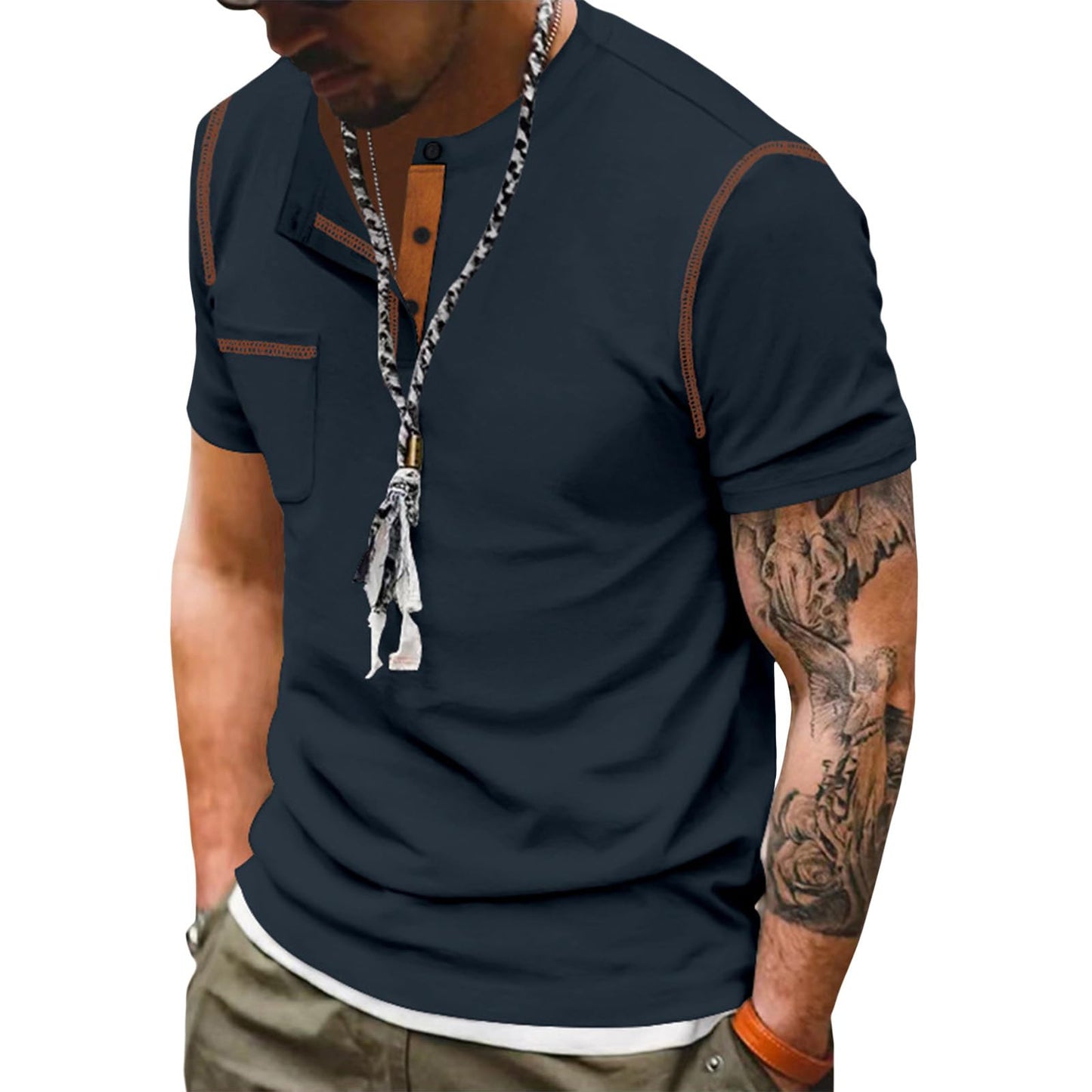 Embryform Shirts for Men Summer Short Sleeve Casual Basic Henley T-Shirts with Pocket Fashion Stylish Classic Button Tee Tops