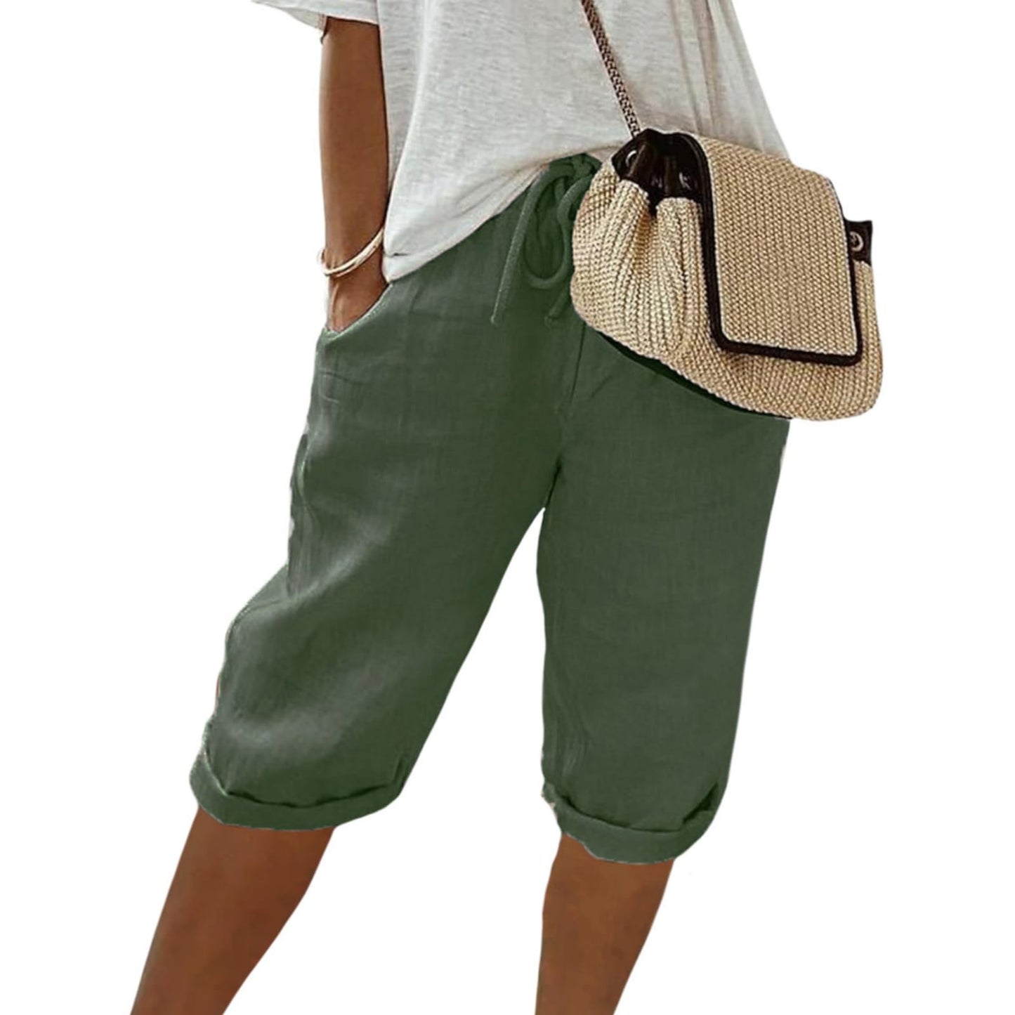 FONDBERYL Womens Cotton Linen Shorts Knee Length Drawstring Elastic Waist Summer Casual Gym Going Out Shorts with Pockets