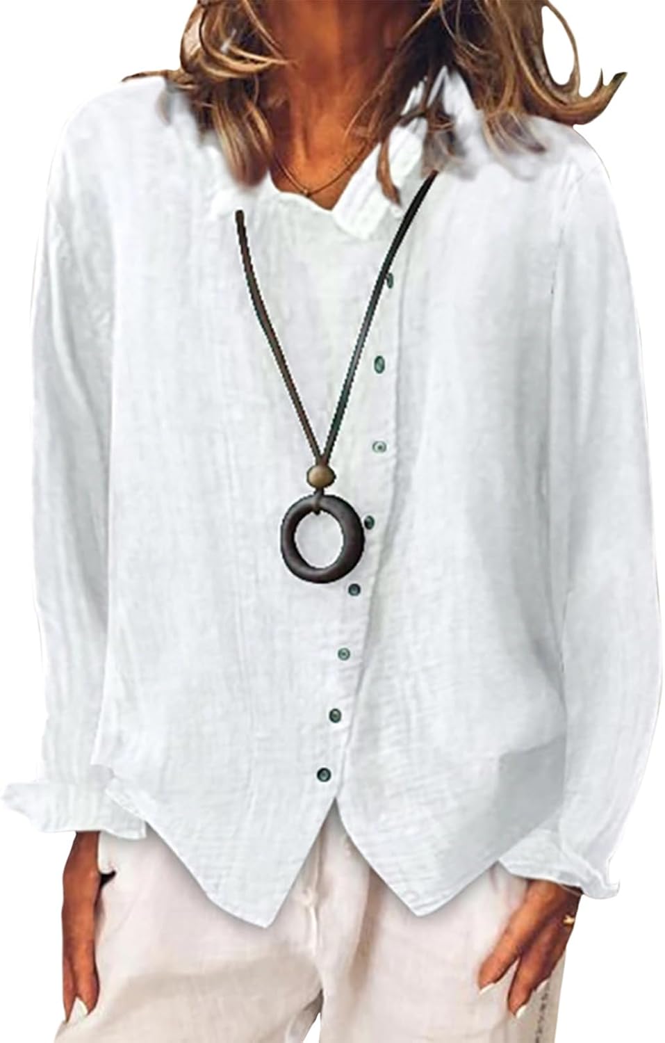Gymrex Linen Button Down Shirts for Women, Long Sleeve Lightweight Loose Fit Blouse Dressy Casual Trendy Fashion Tops