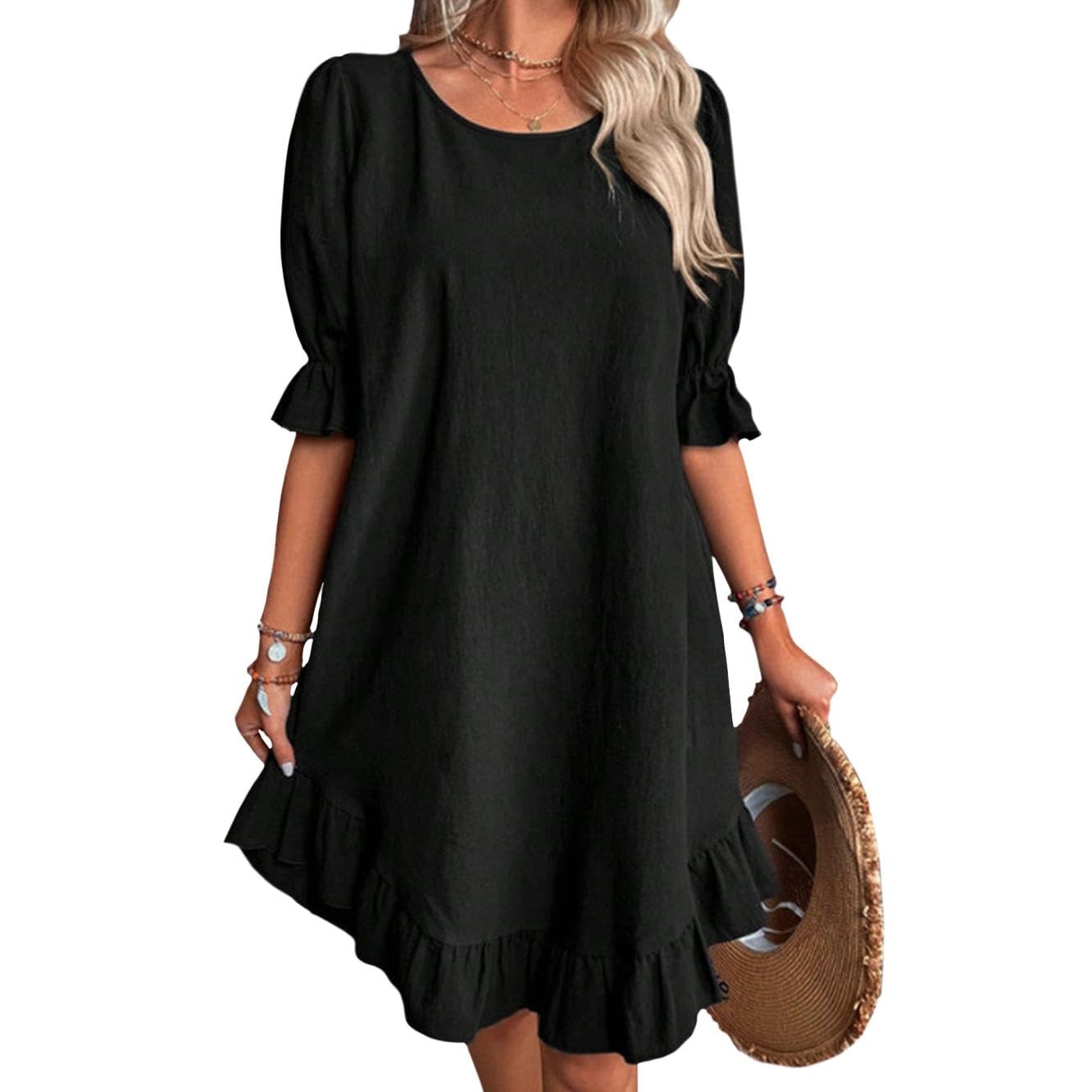 Reigee Cotton Dresses for Women Casual Summer Vacation Midi Ruffled Skirt Crewneck Falbala Solid Basic Dress