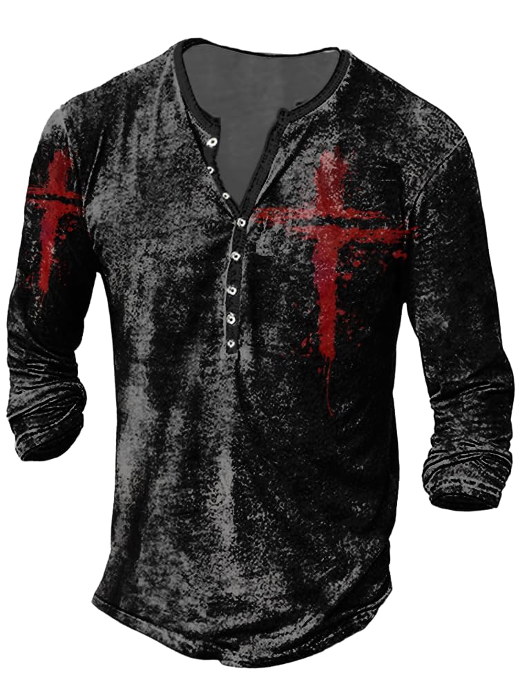 JiffPom Mens Henley Shirts Christian Shirt Jesus Cross Retro Long Sleeve Casual Button Down Washed T-Shirts Boy's Tops