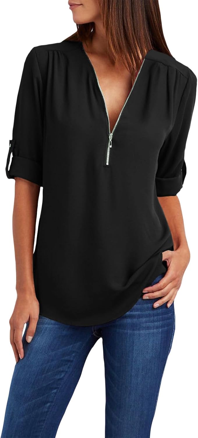 WAZZAP Women‘s Chiffon Tops, Zip Up V Neck Long Sleeve Shirt Roll Up Sleeve Loose Fit Tunic Tops Casual Trendy Chiffon Blouse