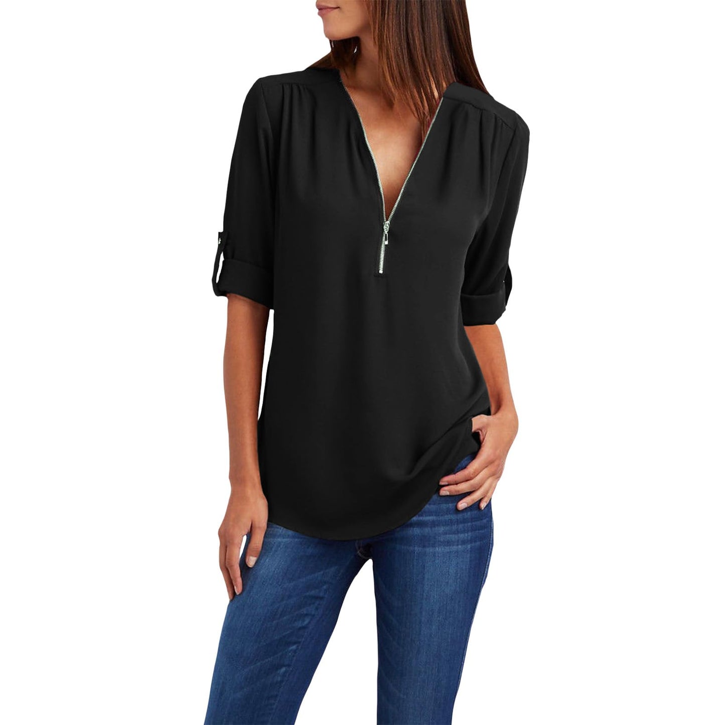 WAZZAP Women‘s Chiffon Tops, Zip Up V Neck Long Sleeve Shirt Roll Up Sleeve Loose Fit Tunic Tops Casual Trendy Chiffon Blouse