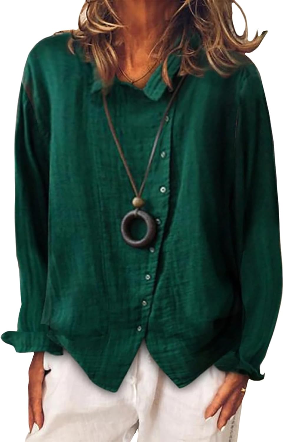 Gymrex Linen Button Down Shirts for Women, Long Sleeve Lightweight Loose Fit Blouse Dressy Casual Trendy Fashion Tops