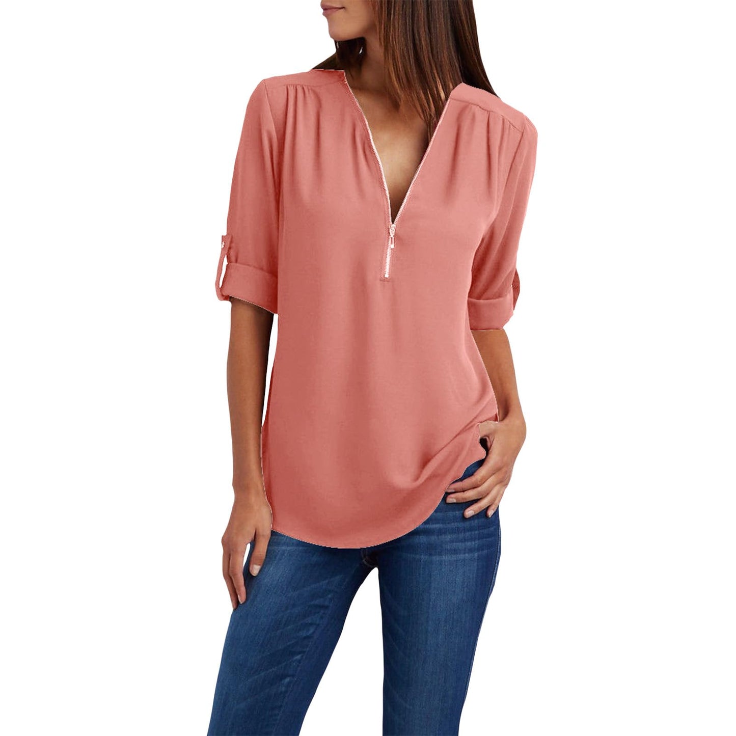WAZZAP Women‘s Chiffon Tops, Zip Up V Neck Long Sleeve Shirt Roll Up Sleeve Loose Fit Tunic Tops Casual Trendy Chiffon Blouse