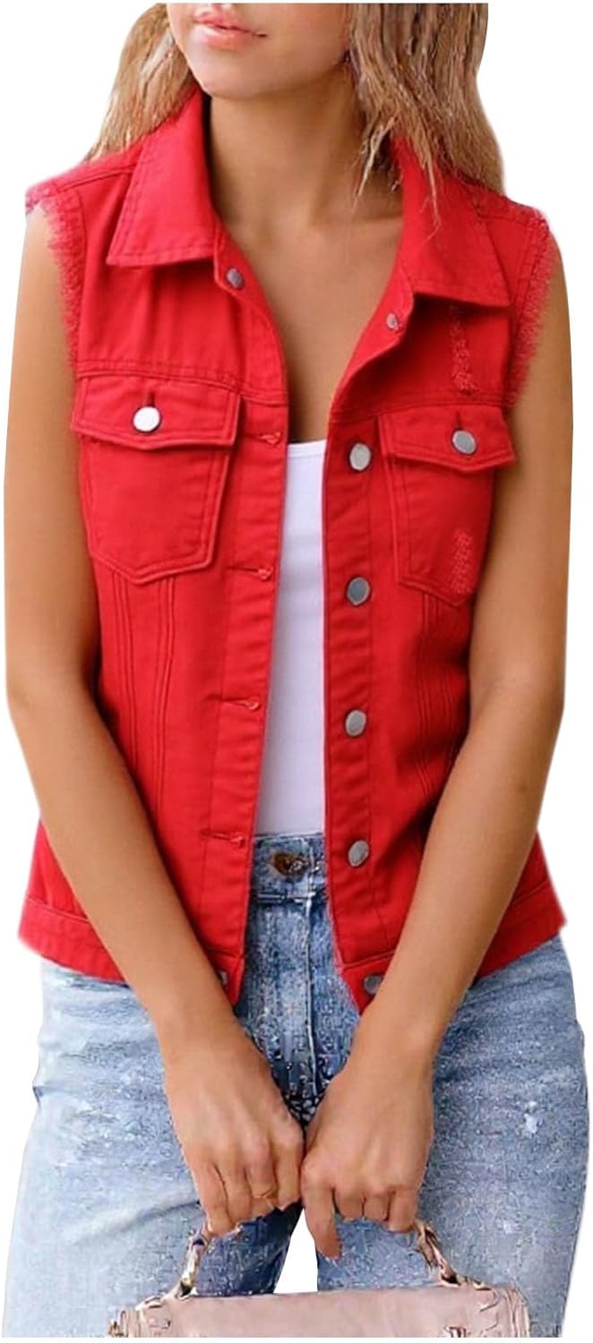 WAZZAP Women's Sleeveless Denim Vest Cropped Button Down Lightweight Casual Jean Vest Women Jean Tops