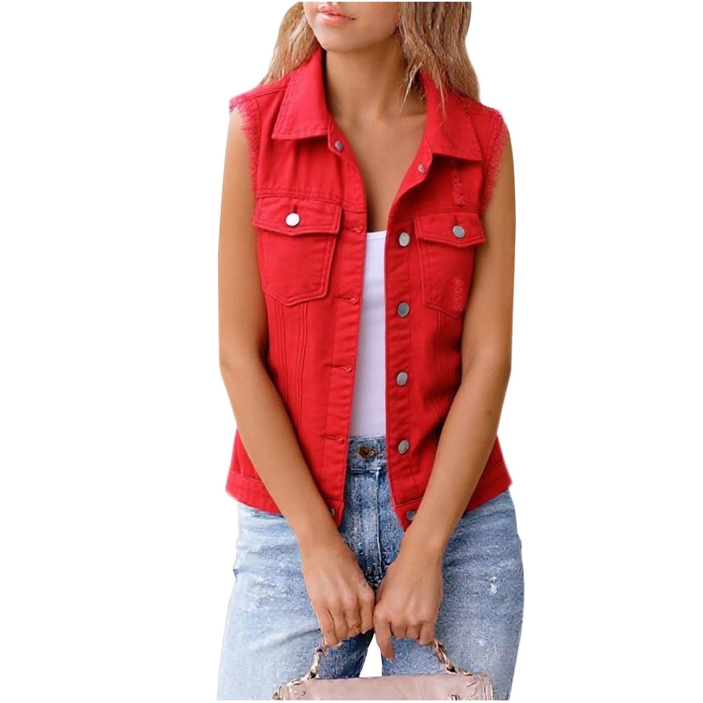 WAZZAP Women's Sleeveless Denim Vest Cropped Button Down Lightweight Casual Jean Vest Women Jean Tops