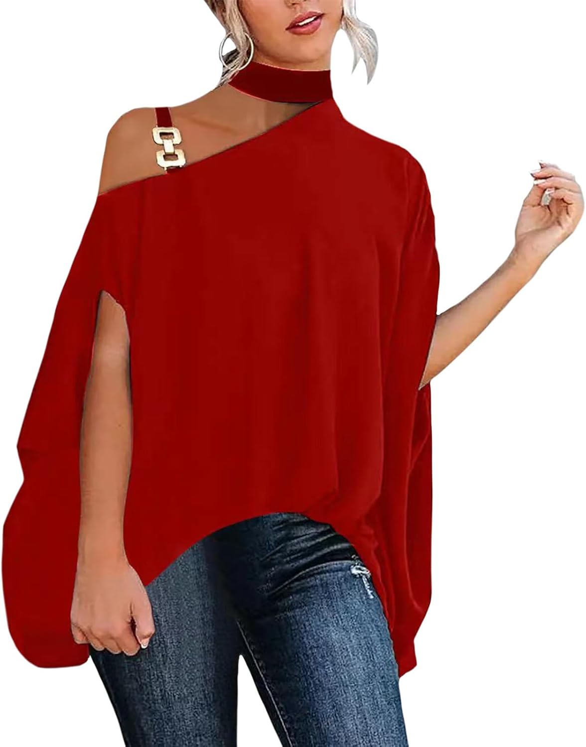 WAZZAP Women‘s One Shoulder Dolman Tops, Batwing Sleeve Off Shoulder Mock Neck Loose Dressy Blouse for Women Elegant Shirts