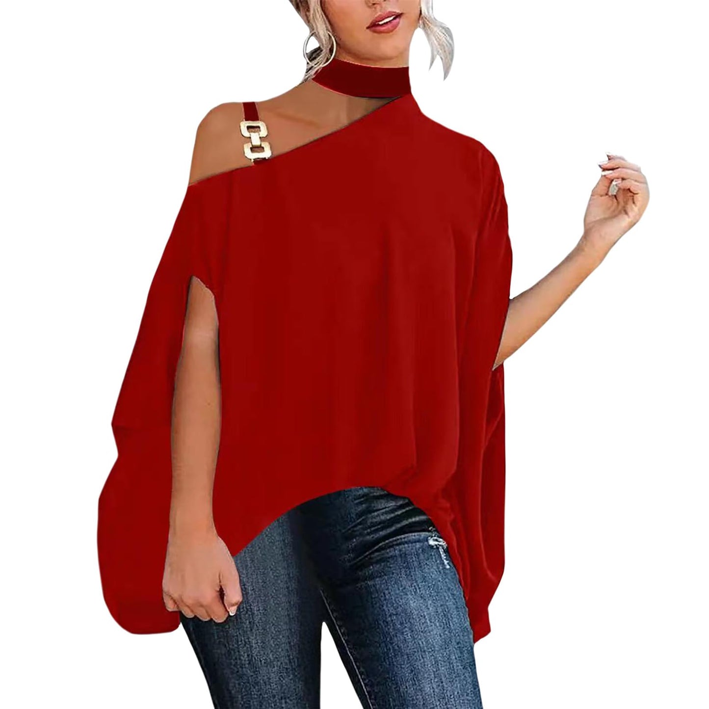 WAZZAP Women‘s One Shoulder Dolman Tops, Batwing Sleeve Off Shoulder Mock Neck Loose Dressy Blouse for Women Elegant Shirts
