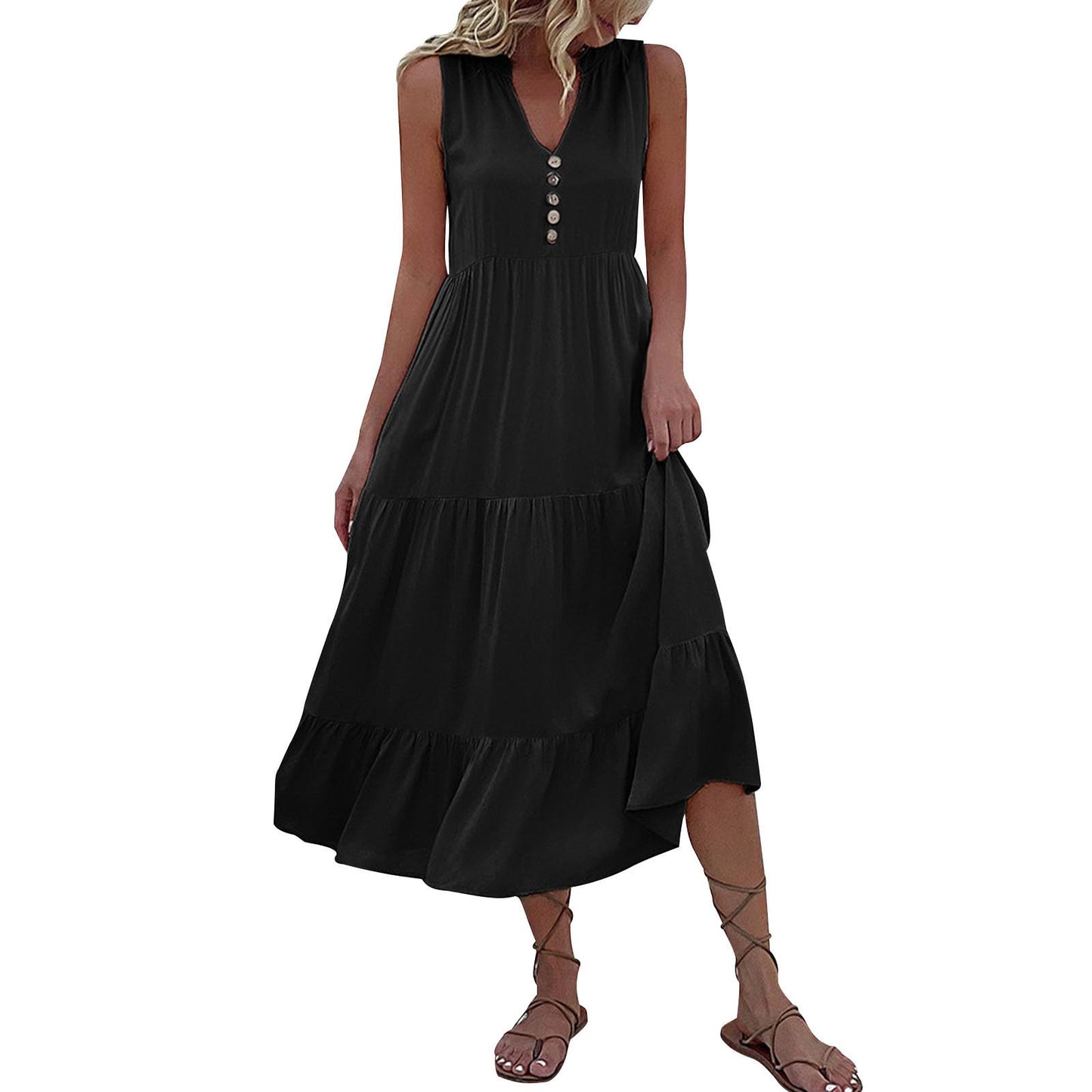 FONDBERYL Sleeveless Midi Dress for Women, V Neck Tank Dress with Tiered Ruffle Hem Flowy A Line Casual Spring Summer Dresses
