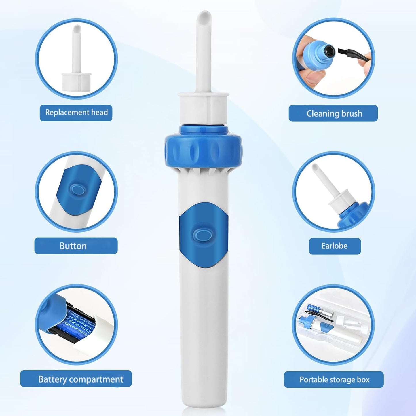 gukoo Ear Wax Removal, Ear Wax Vacuum Removal Kit,Soft and Comfortable Ear Suction Wax Remover Low Noise Electric Vacuum Ear Cleaner for Adults and Children,Includes 2 Silicone Replacement Heads-Light Blue