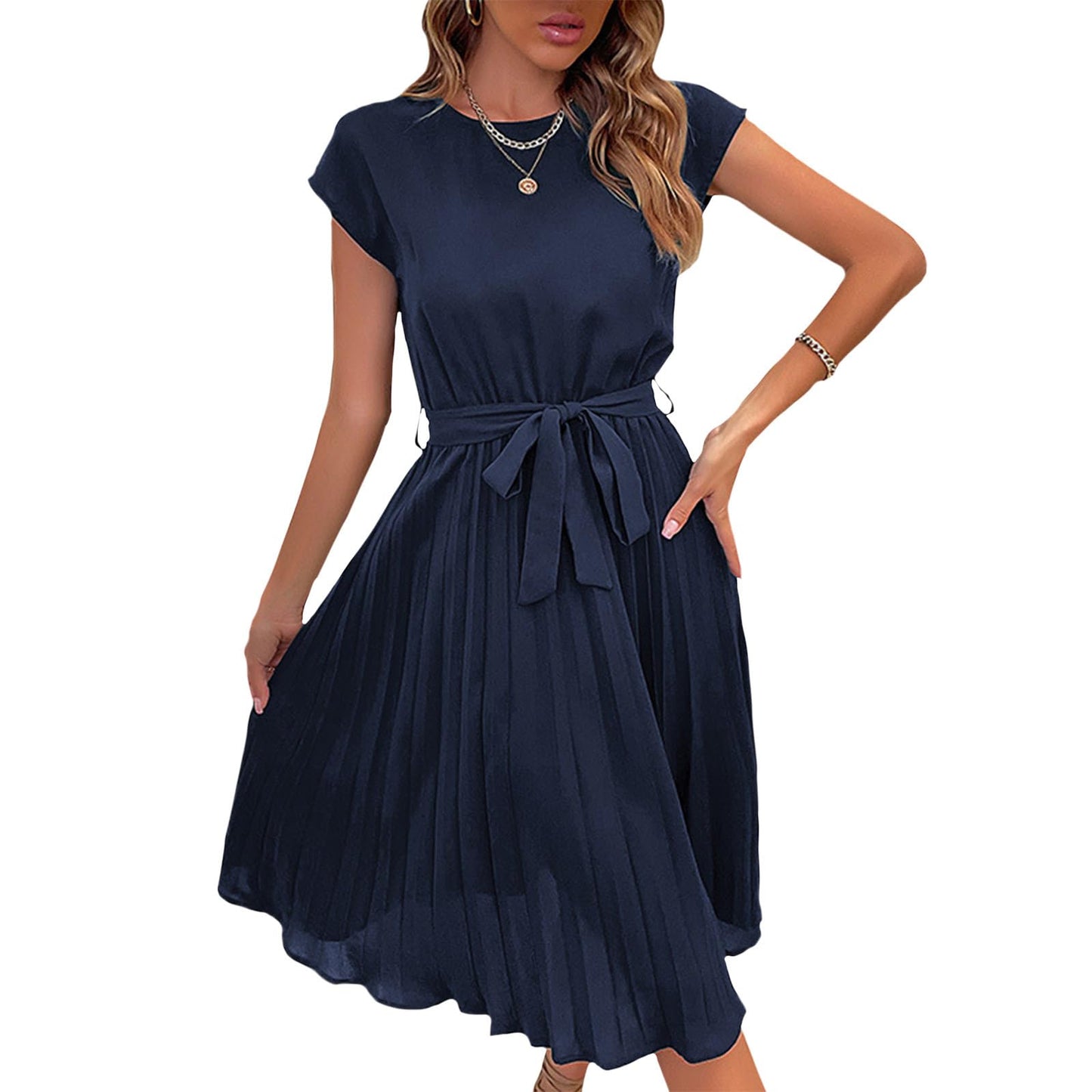 Bejirog Pleated Midi Dress for Women, Belted Tie Waist A-Line Short Sleeve Crew Neck Elegant Summer Wedding Guest Dress