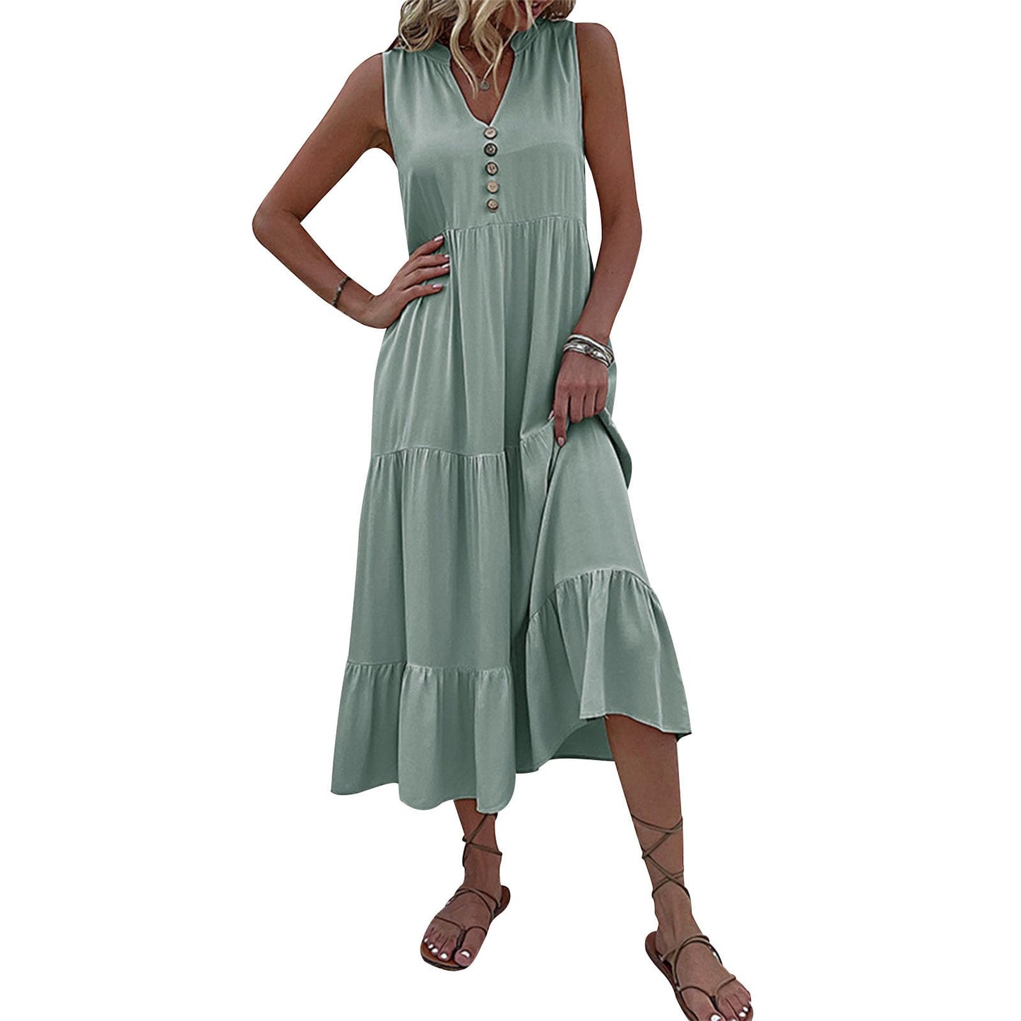 FONDBERYL Sleeveless Midi Dress for Women, V Neck Tank Dress with Tiered Ruffle Hem Flowy A Line Casual Spring Summer Dresses